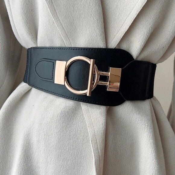 Black Elevated contemporary Women's Waist Gold Buckle Belt - Picture 5 of 6